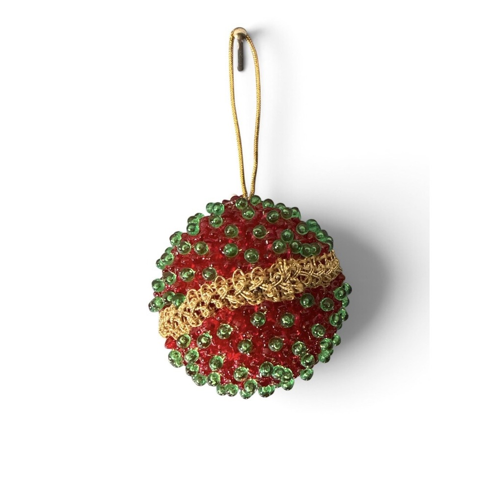 Christmas Ornament Push Pin Red Green Gold Beaded Sequin Ribbon Collectible